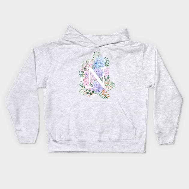 botanical monogram alphabet N hydrangea flowers Kids Hoodie by colorandcolor